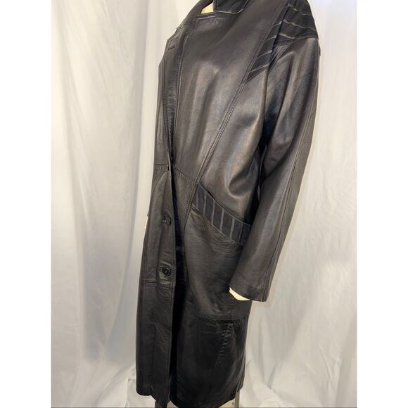 Vintage 1980s–1990s Excelled Genuine Leather Long Trench Coat – Black – Size S - Picture 12 of 16